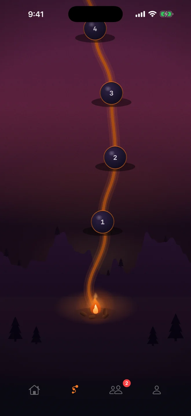 PassFit circuit trail map: a purple dusk mountainside, a campfire at the trailhead, and a glowing orange trail climbing through numbered level rungs toward the summit