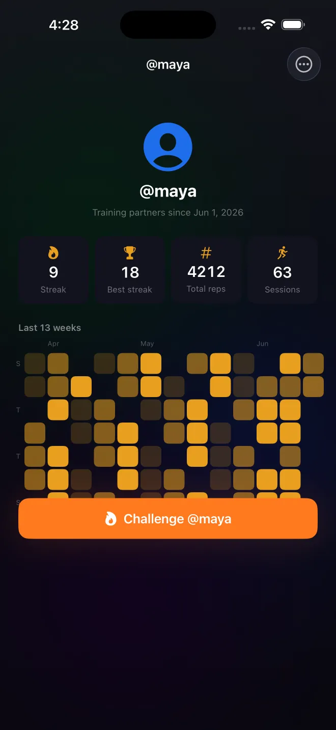 Friend @maya's profile showing a 9-day streak and a Challenge button