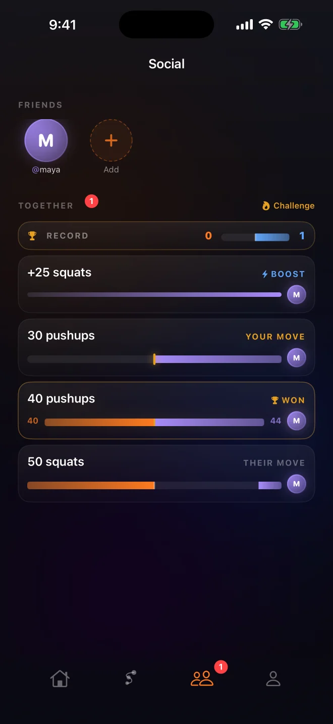 PassFit social screen: friends by @username, a head-to-head record bar, and live challenges marked your move, their move, and won