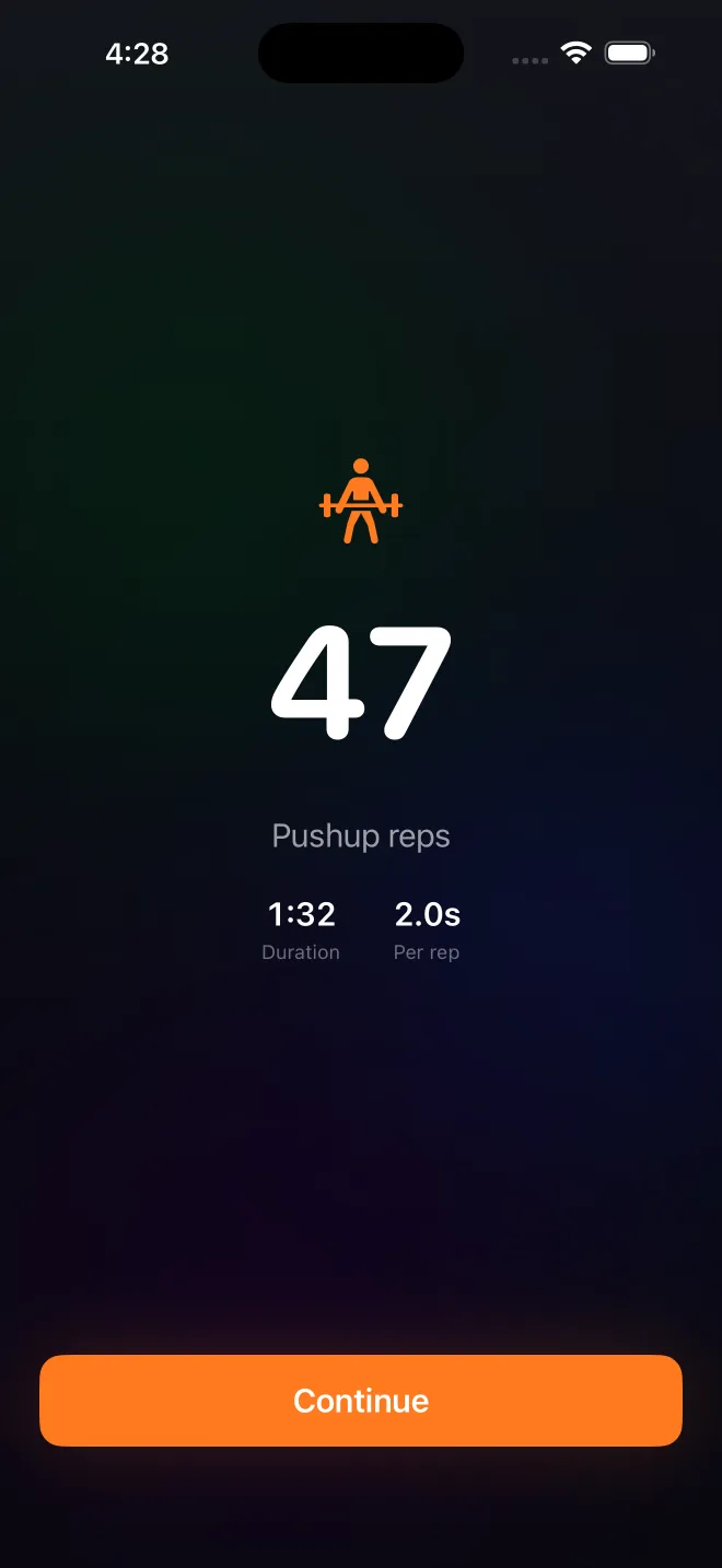PassFit workout summary showing 47 pushup reps counted on-device